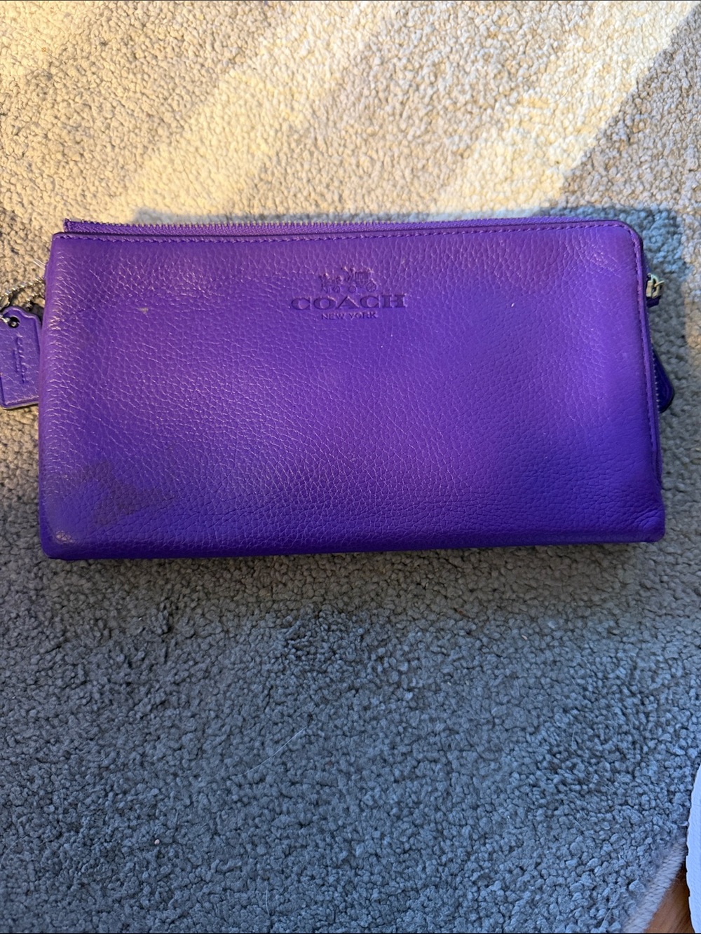 Coach Purple Pebbled Leather Wristlet Clutch. Double zipper 5x9